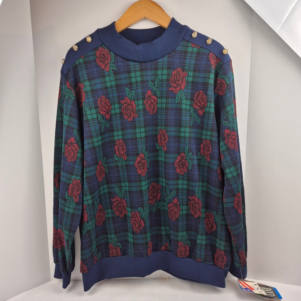 Cricket Lane‎ Highland Rose VTG 90s Plaid Floral Sweater Navy Green Red 22W NWT